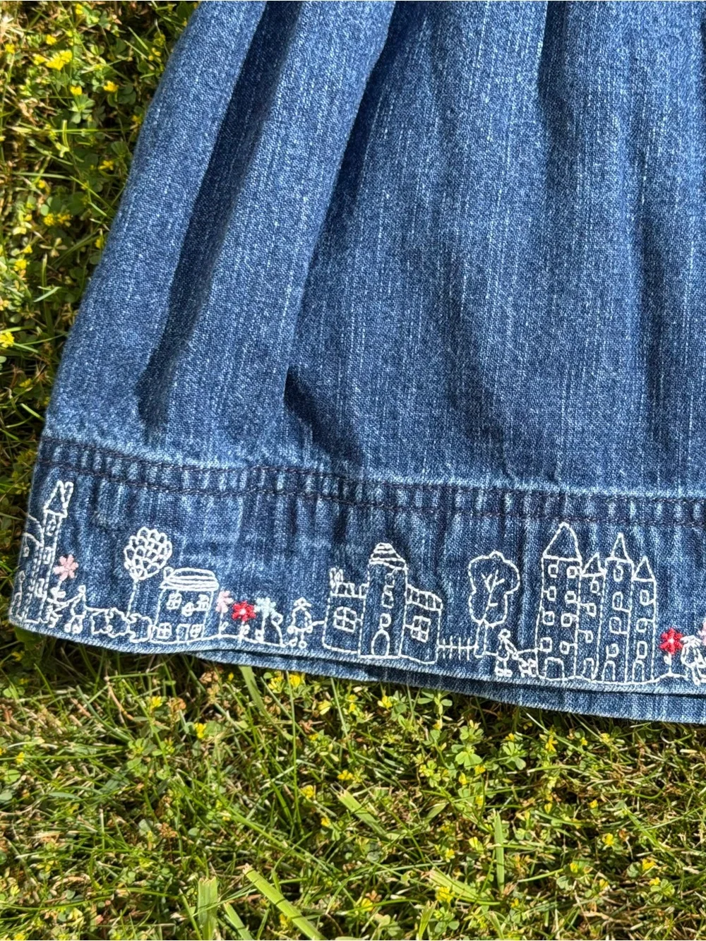 Vintage OshKosh Denim Dress 18M Smocked Embroidered City Skyline Hem 90s